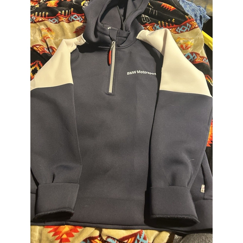 BMW Motorsport Men's Large Navy Quarter Zip Hoodie Performance Thumbholes
